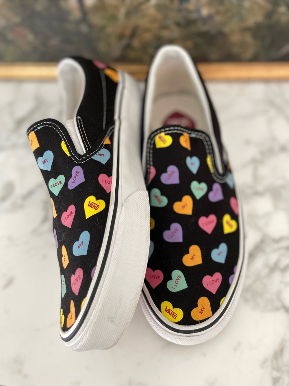 Vans slip on sneakers I love my vans hearts candy size 10.5 women black - Picture 2 of 9